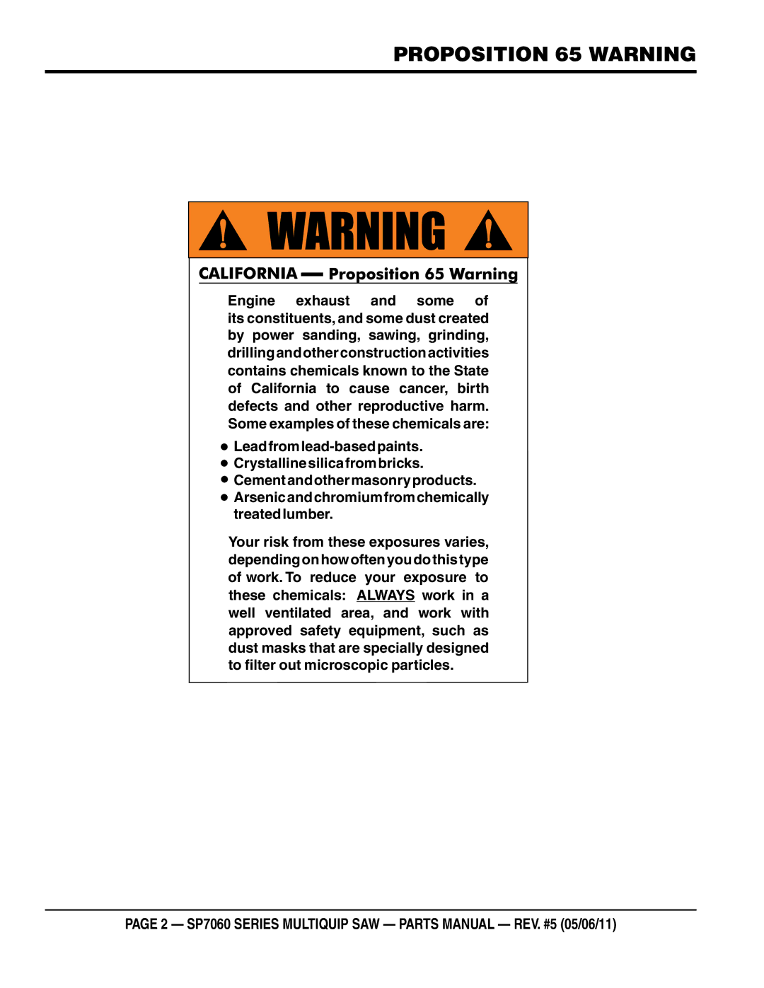 Multiquip SP706030, SP706020, SP706036, SP706026, SP706012 manual Proposition 65 Warning 