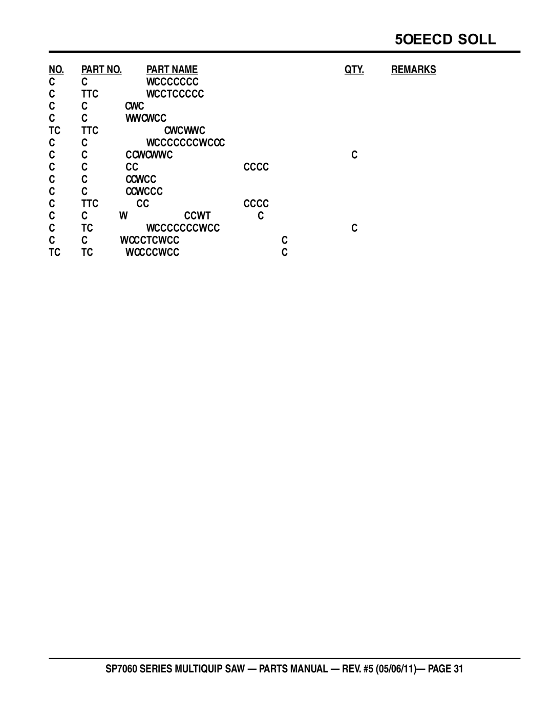 Multiquip SP706036, SP706020, SP706030, SP706026, SP706012 manual Qty 