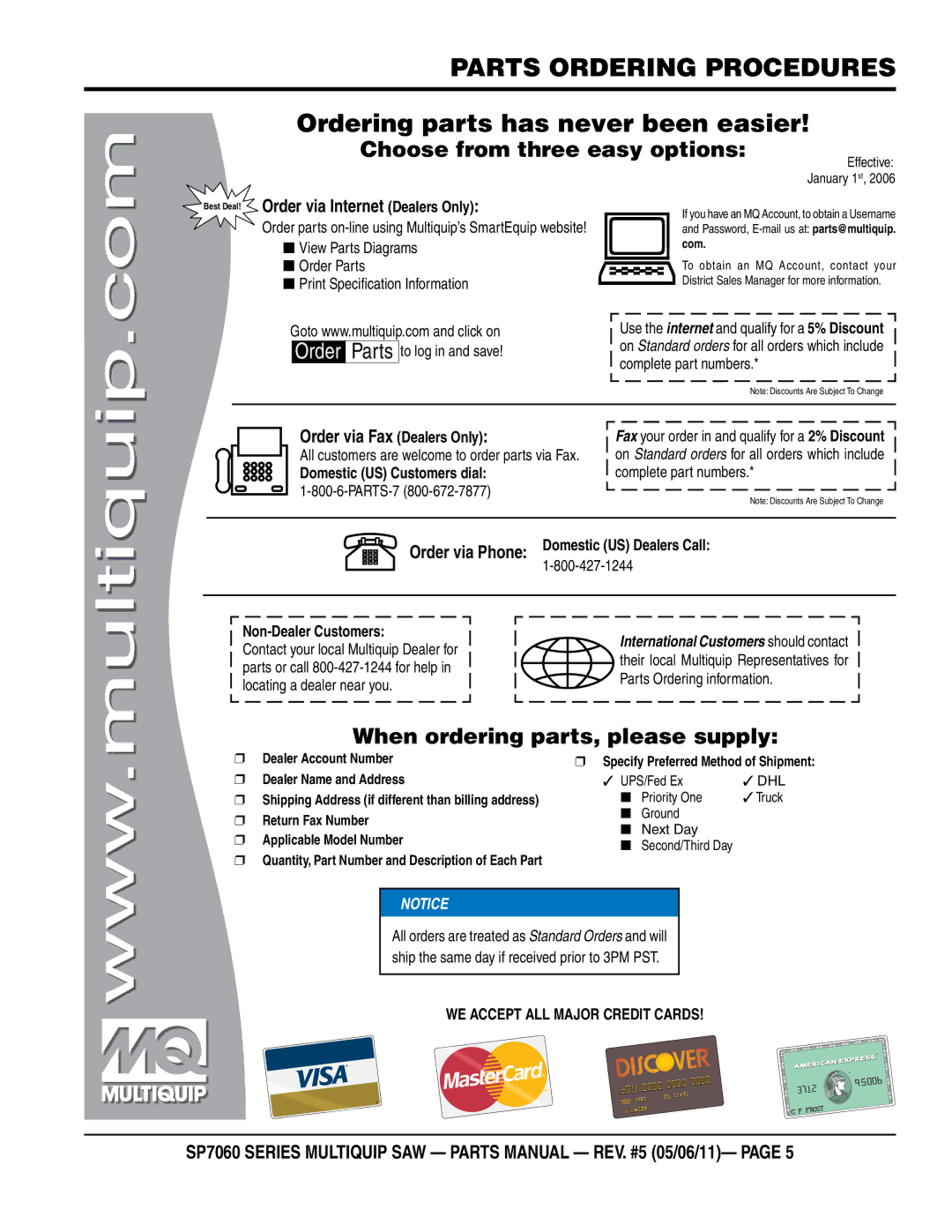 Multiquip SP706020, SP706036, SP706030, SP706026, SP706012 manual Parts Ordering Procedures 