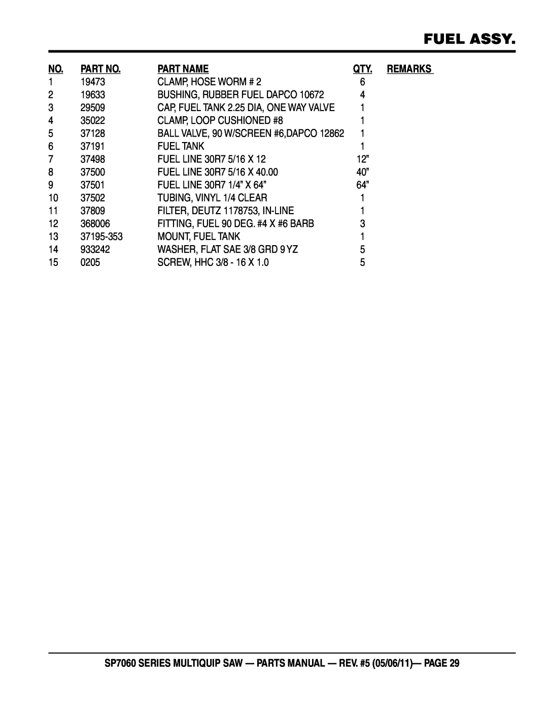 Multiquip SP706012 Qty. Remarks, Fuel Assy, Part Name, SP7060 SERIES MULTIQUIP SAW - PARTS MANUAL - REV. #5 05/06/11- PAGE 