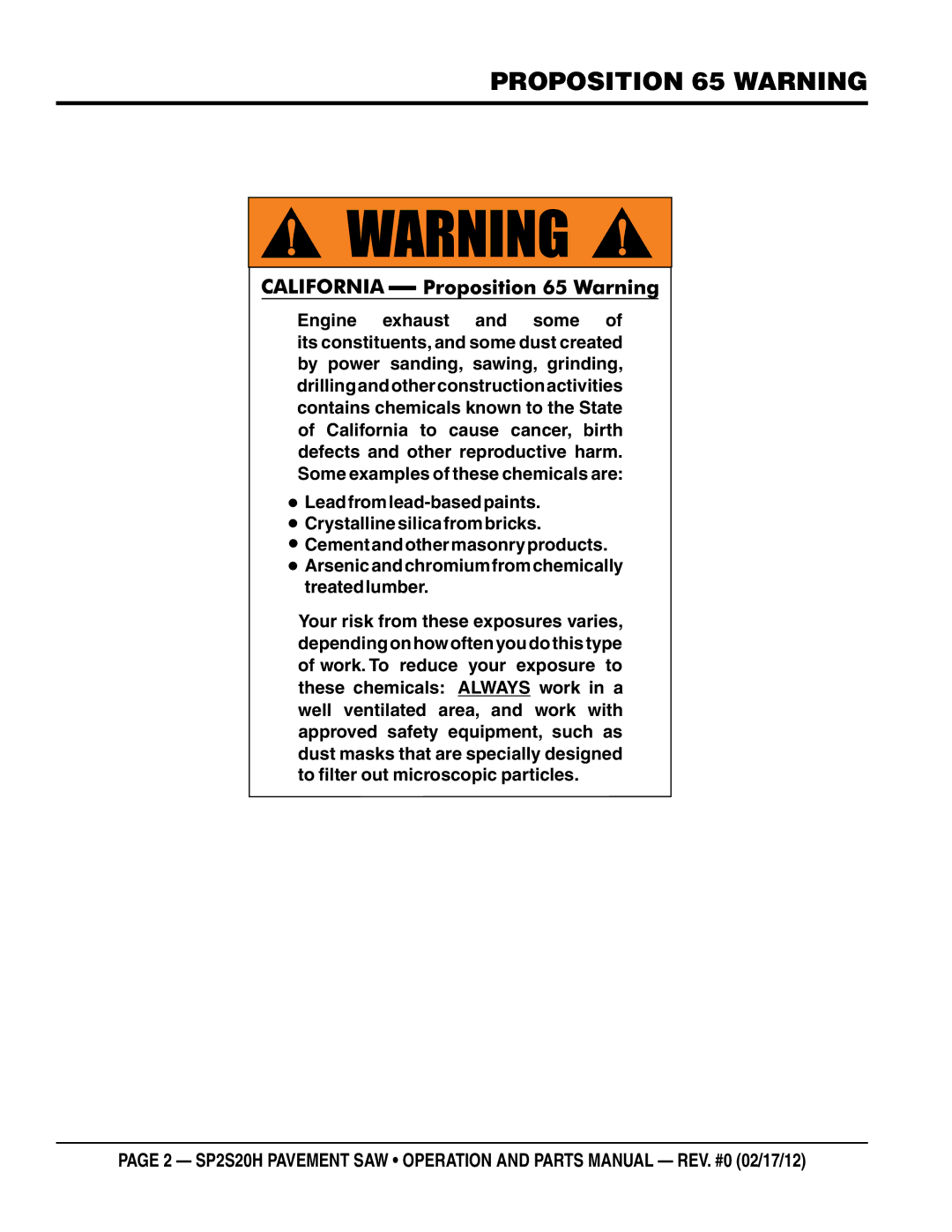 Multiquip SPs20H manual Proposition 65 Warning 