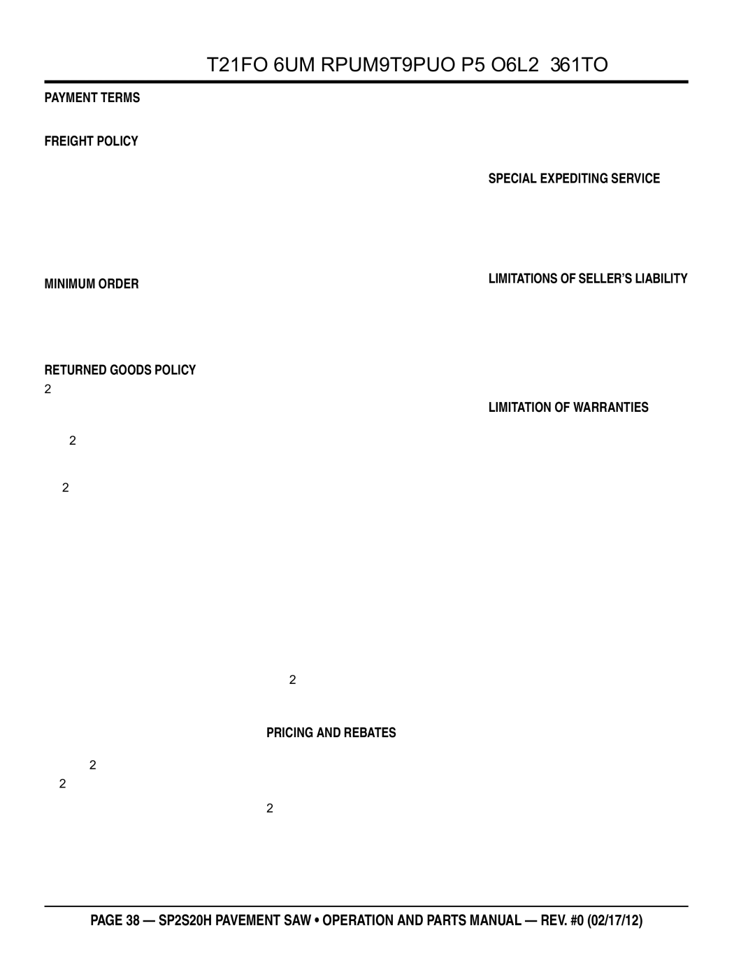 Multiquip SPs20H manual Terms and conditions of sale parts, FreighT poliCY 