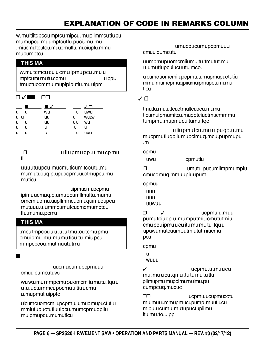 Multiquip SPs20H Explanation of Code in Remarks Column, Xxxxx and below Xxxx and Above Xxxx to S/N, Xxxxx only Not Used on 