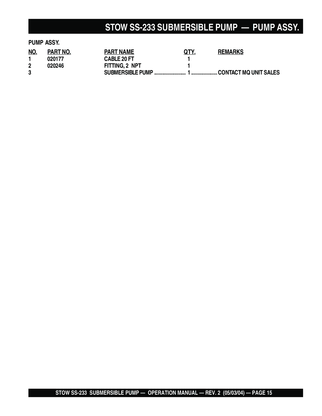 Multiquip manual Stow SS-233 Submersible Pump Pump Assy 