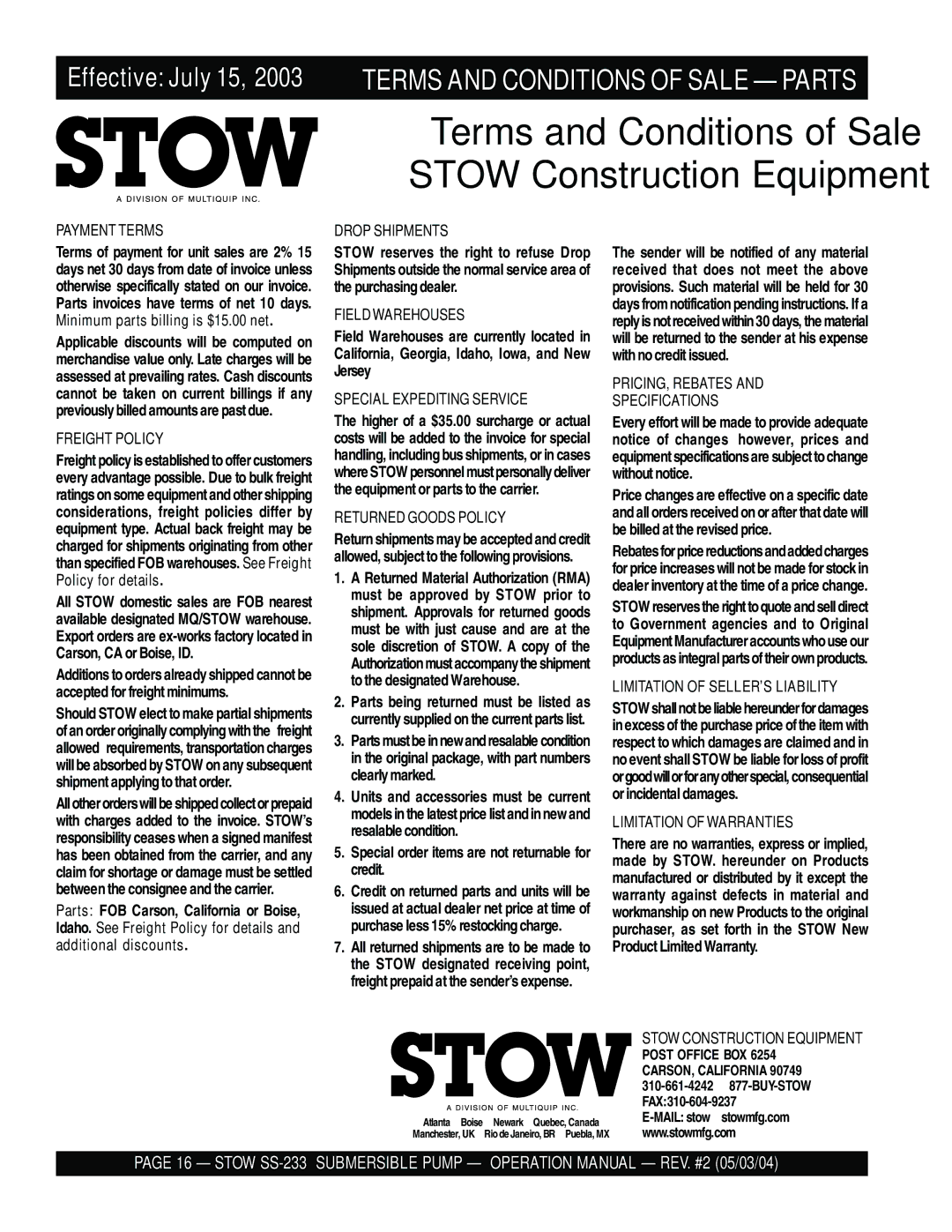 Multiquip SS-233 manual Terms and Conditions of Sale Stow Construction Equipment 