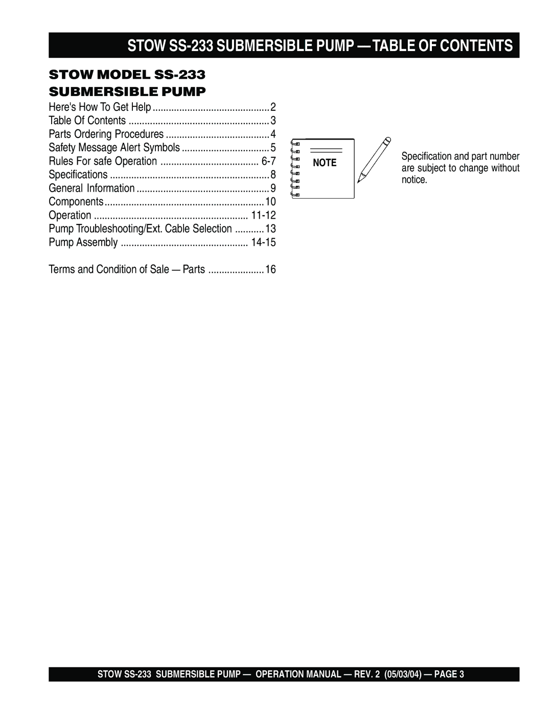 Multiquip manual Stow SS-233 Submersible Pump -TABLE of Contents 