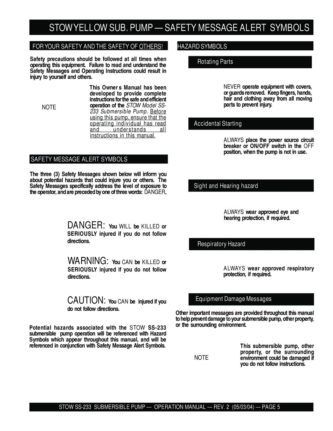 Multiquip SS-233 Stowyellow SUB. Pump Safety Message Alert Symbols, Understands all Instructions in this manual 