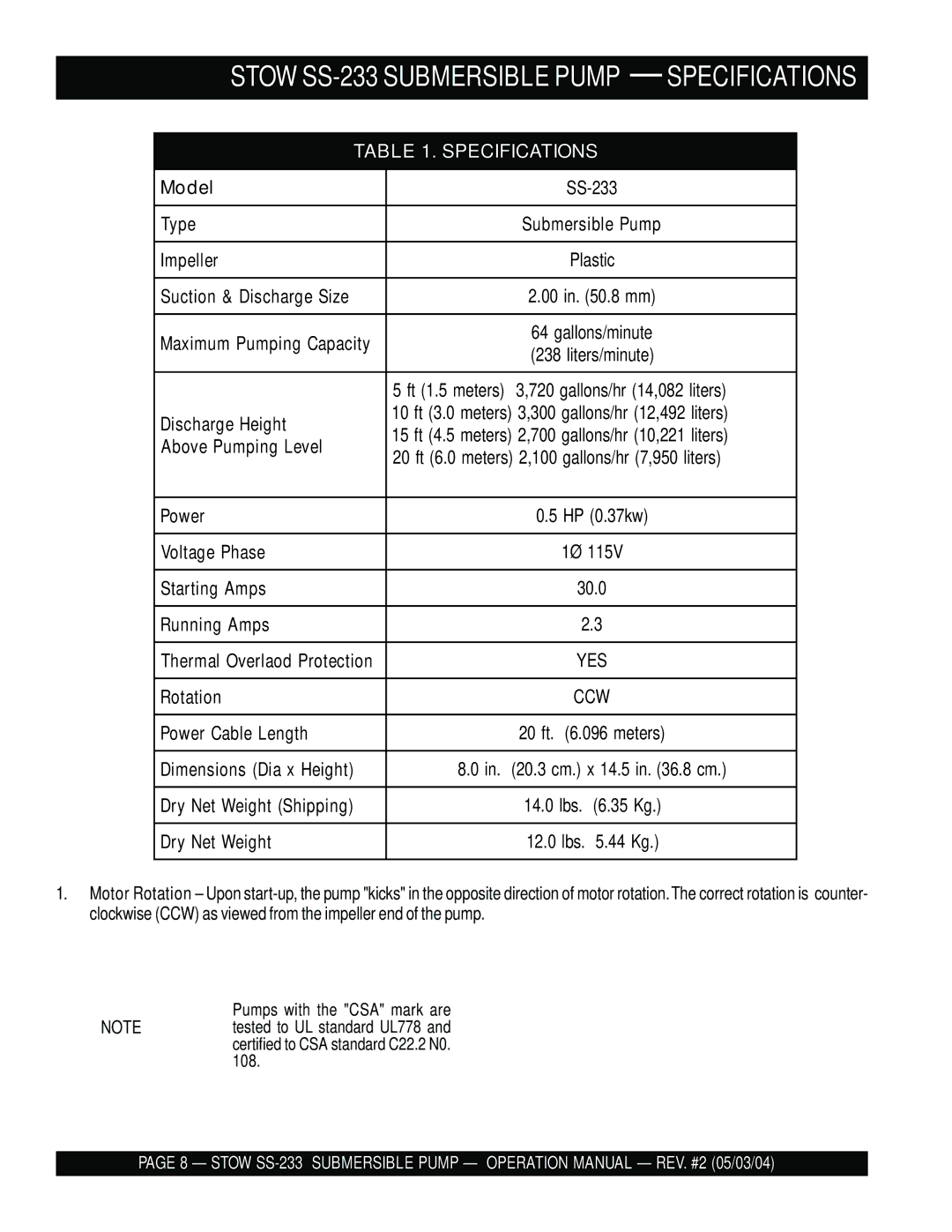 Multiquip SS-233 manual Suction & Discharge Size, Dimensions Dia x Height, Dry Net Weight Shipping 