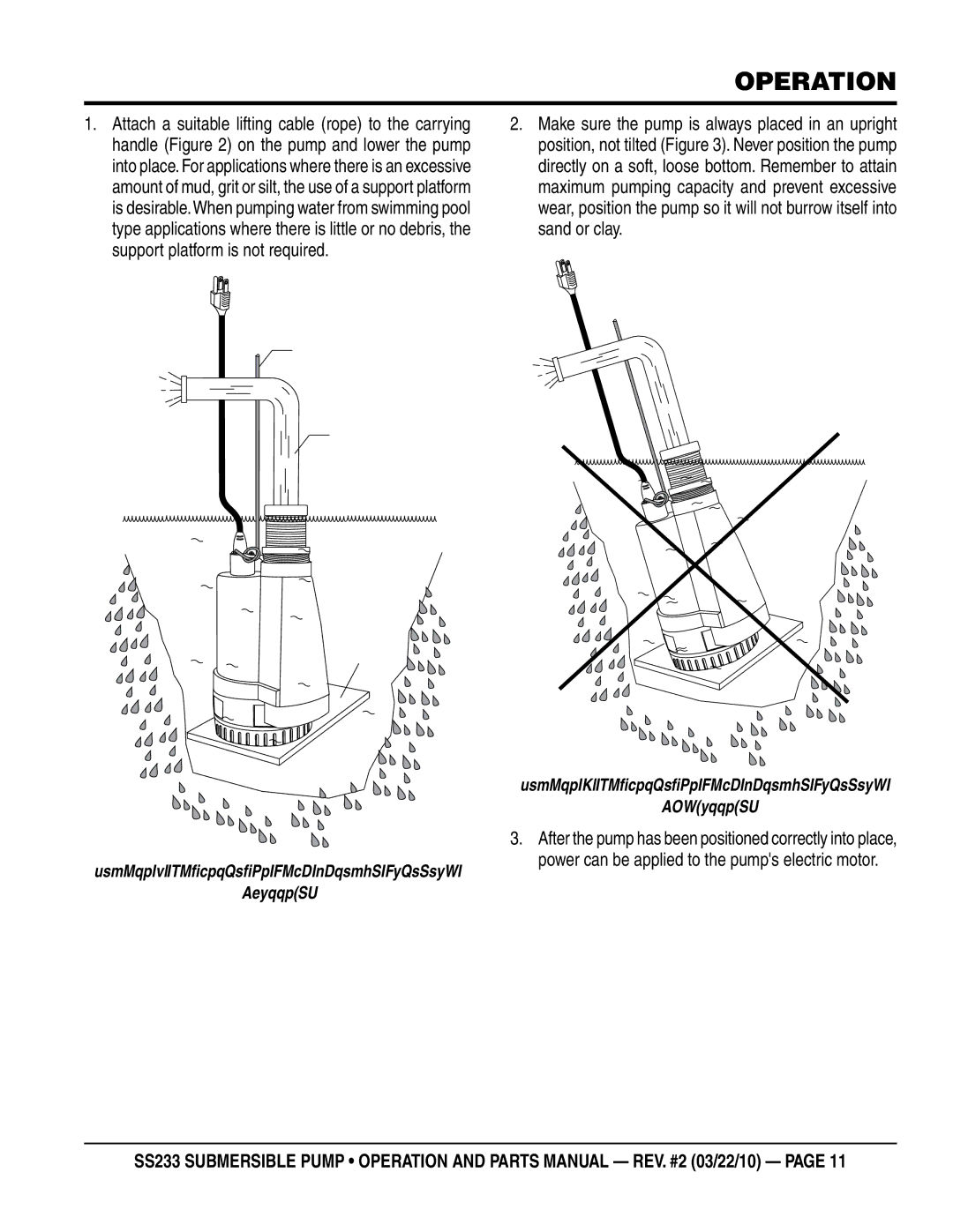 Multiquip SS233 manual Operation, Submersible Pump Upright Position Correct 