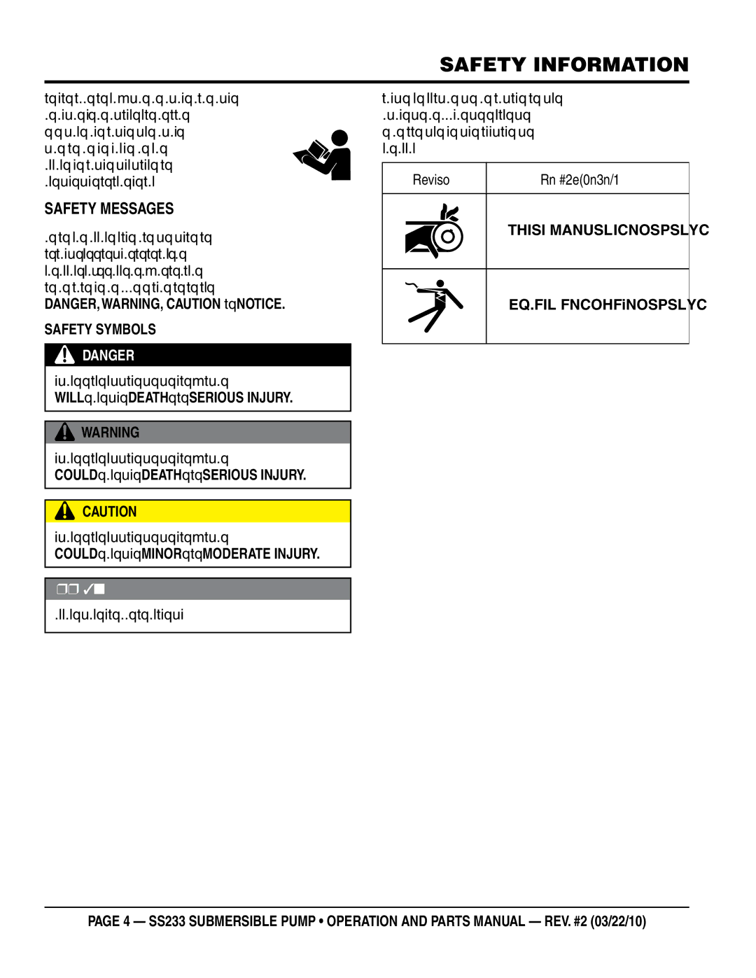 Multiquip SS233 manual Safety Information, SaFeTY meSSageS 