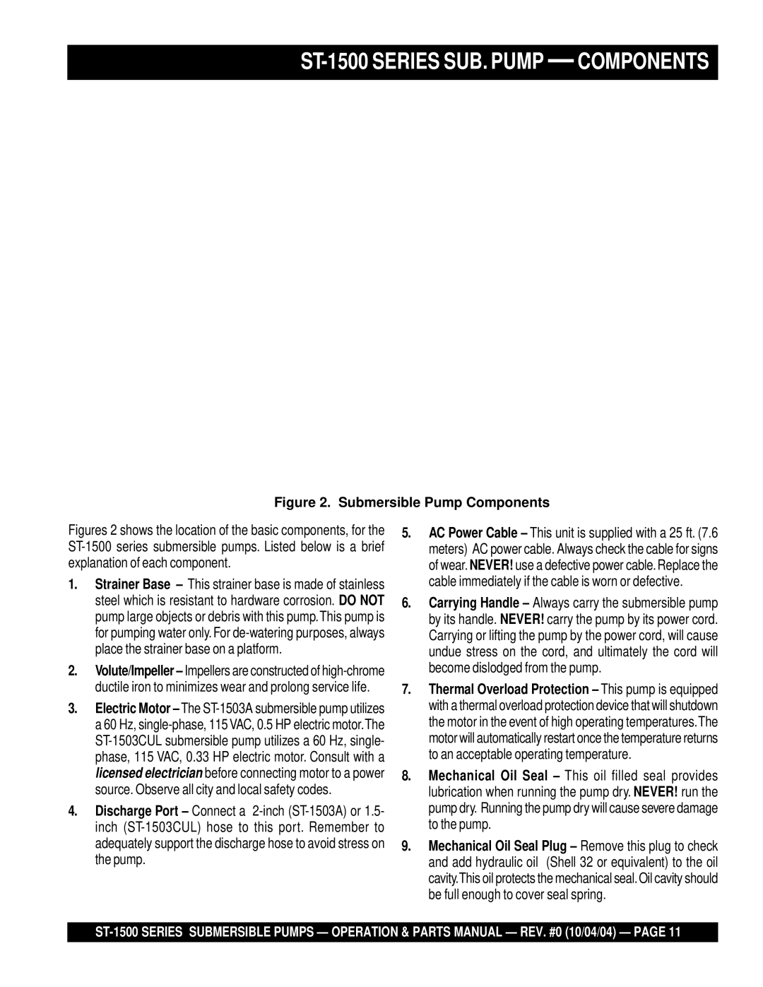 Multiquip manual ST-1500 Series SUB. Pump Components, Submersible Pump Components 