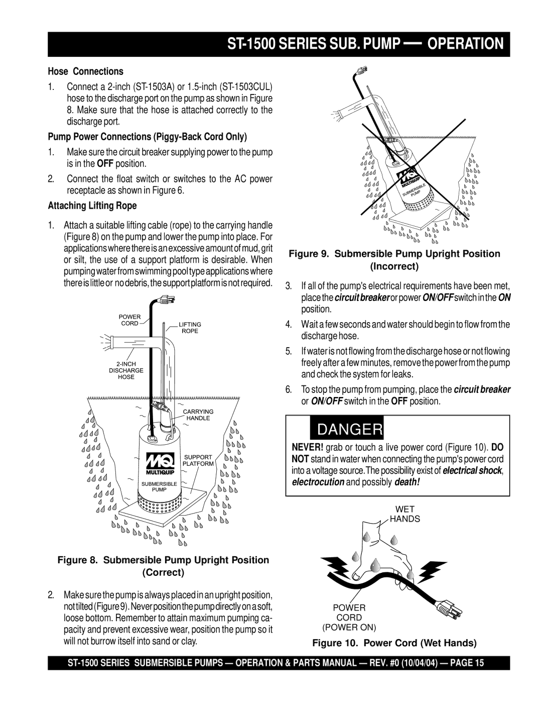 Multiquip manual ST-1500 Series SUB. Pump Operation, Hose Connections, Pump Power Connections Piggy-Back Cord Only 