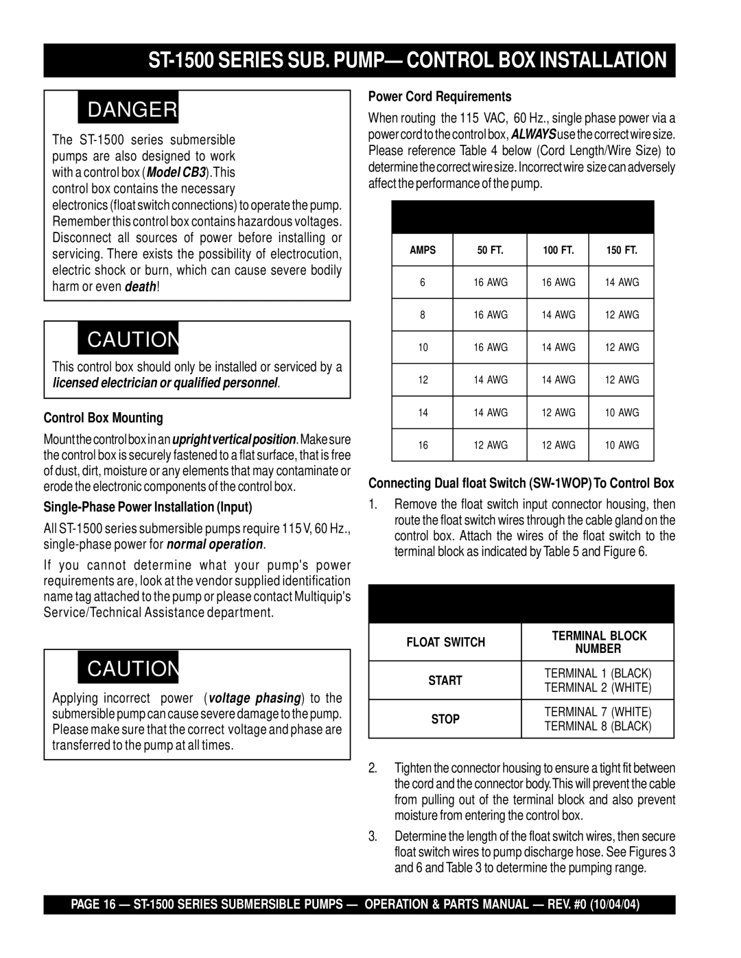 Multiquip manual ST-1500 Series SUB. PUMP- Control BOX Installation, Control Box Mounting, Power Cord Requirements 