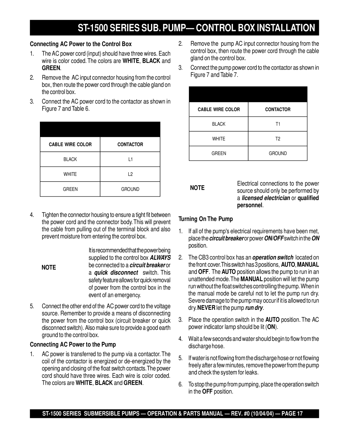 Multiquip ST-1500 manual Connecting AC Power to the Control Box, Connecting AC Power to the Pump 
