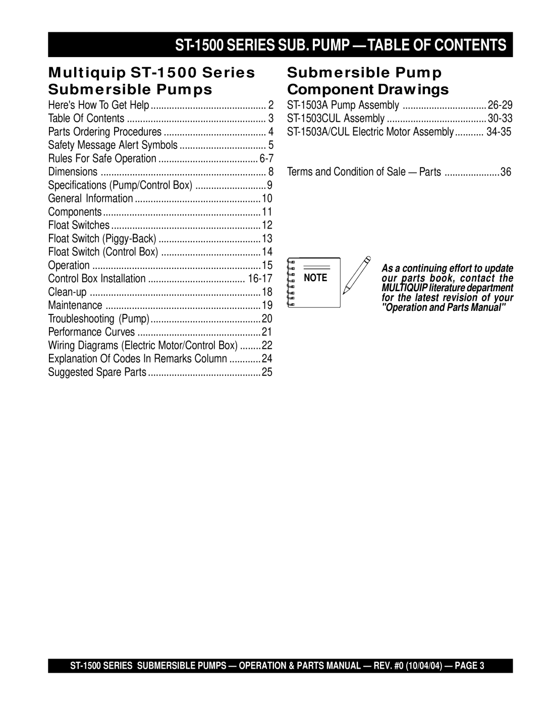 Multiquip manual ST-1500 Series SUB. Pump Table of Contents 