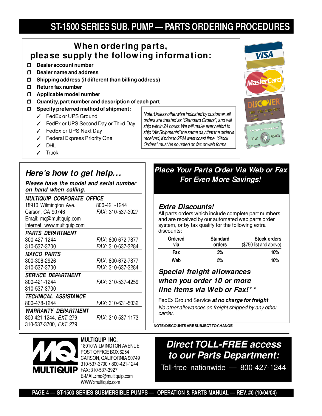 Multiquip manual ST-1500 Series SUB. Pump Parts Ordering Procedures 