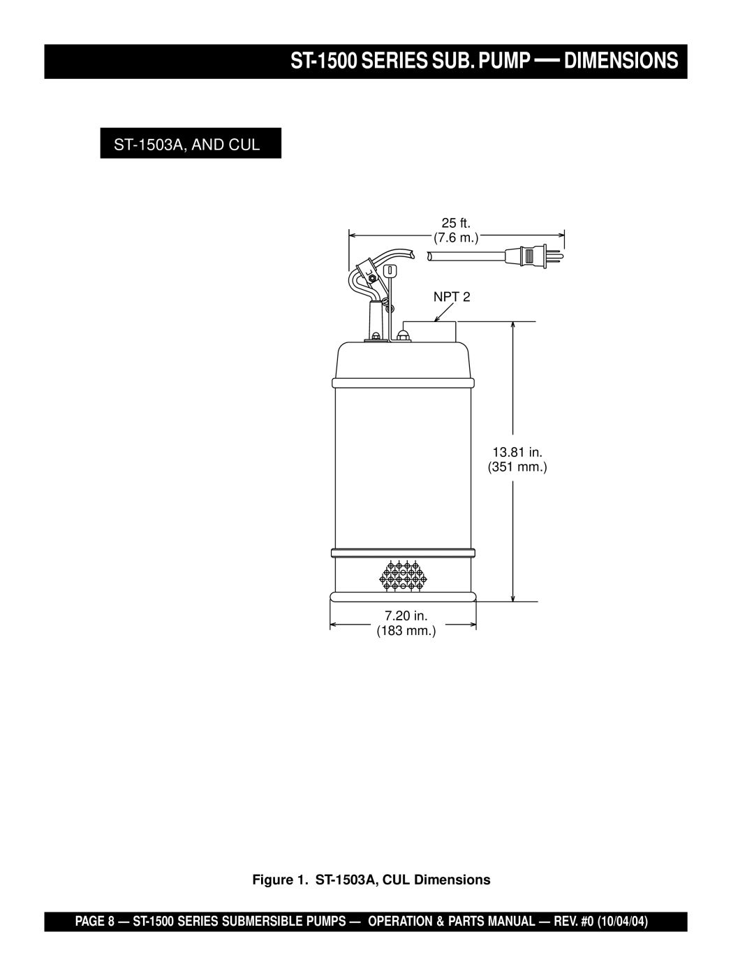 Multiquip manual ST-1500 Series SUB. Pump Dimensions 