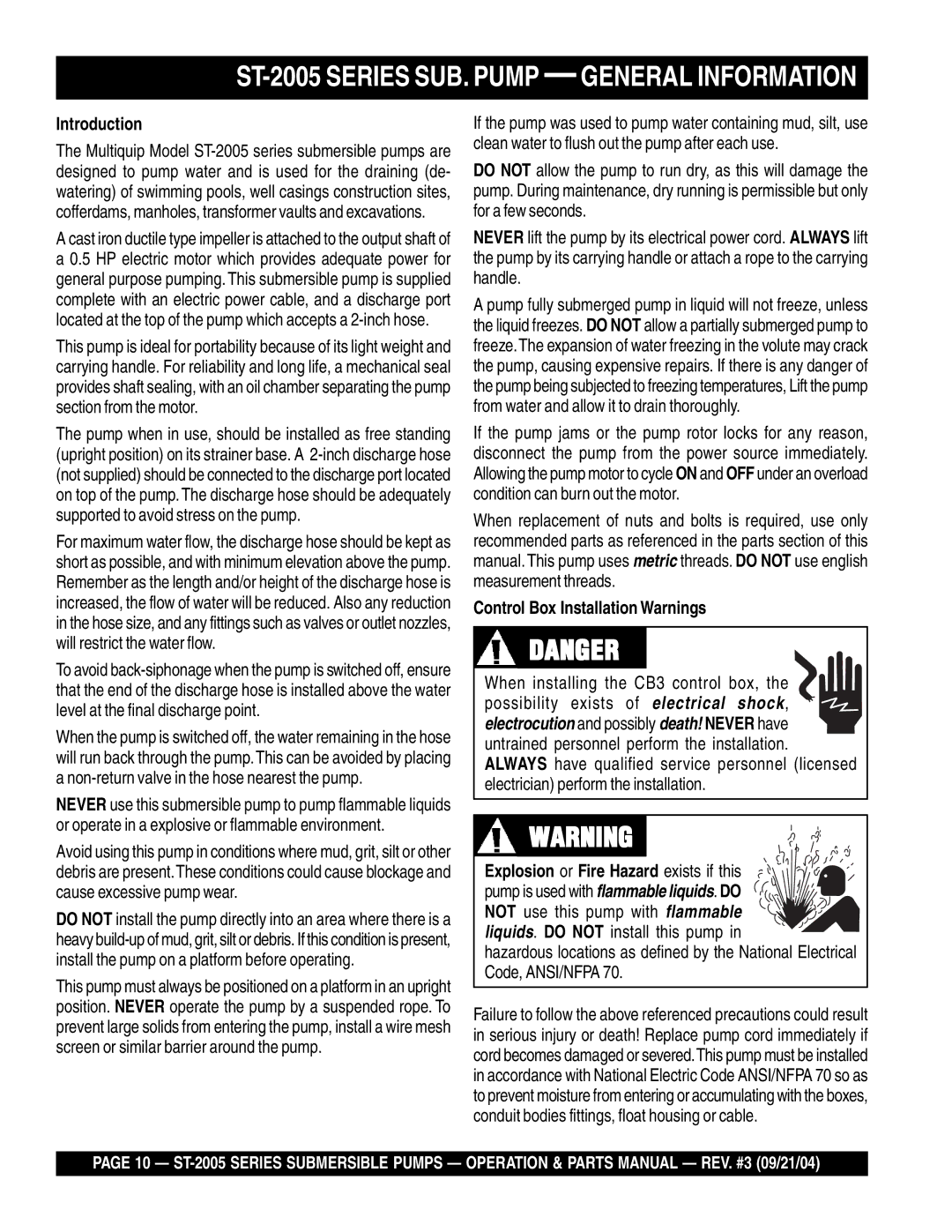 Multiquip ST-2005 manual Introduction, Control Box Installation Warnings 