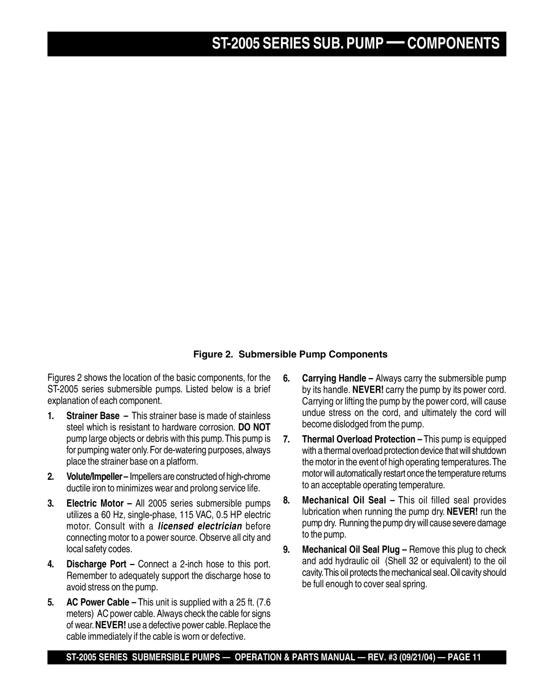 Multiquip manual ST-2005 Series SUB. Pump Components, Submersible Pump Components 