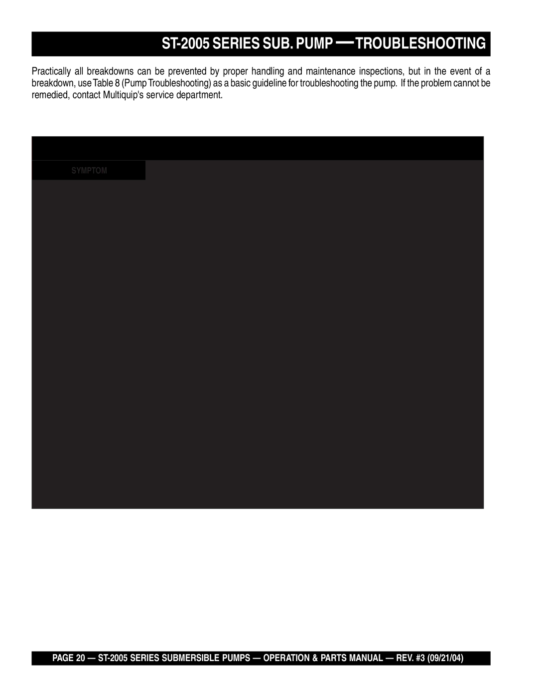 Multiquip manual ST-2005 Series SUB. Pump -TROUBLESHOOTING 