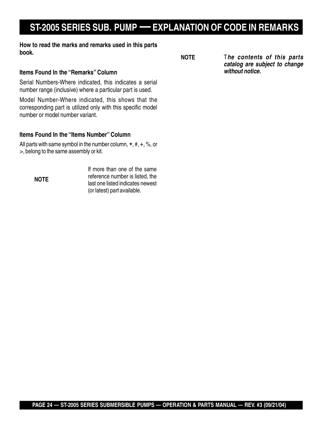 Multiquip manual ST-2005 Series SUB. Pump Explanation of Code in Remarks, Without notice 