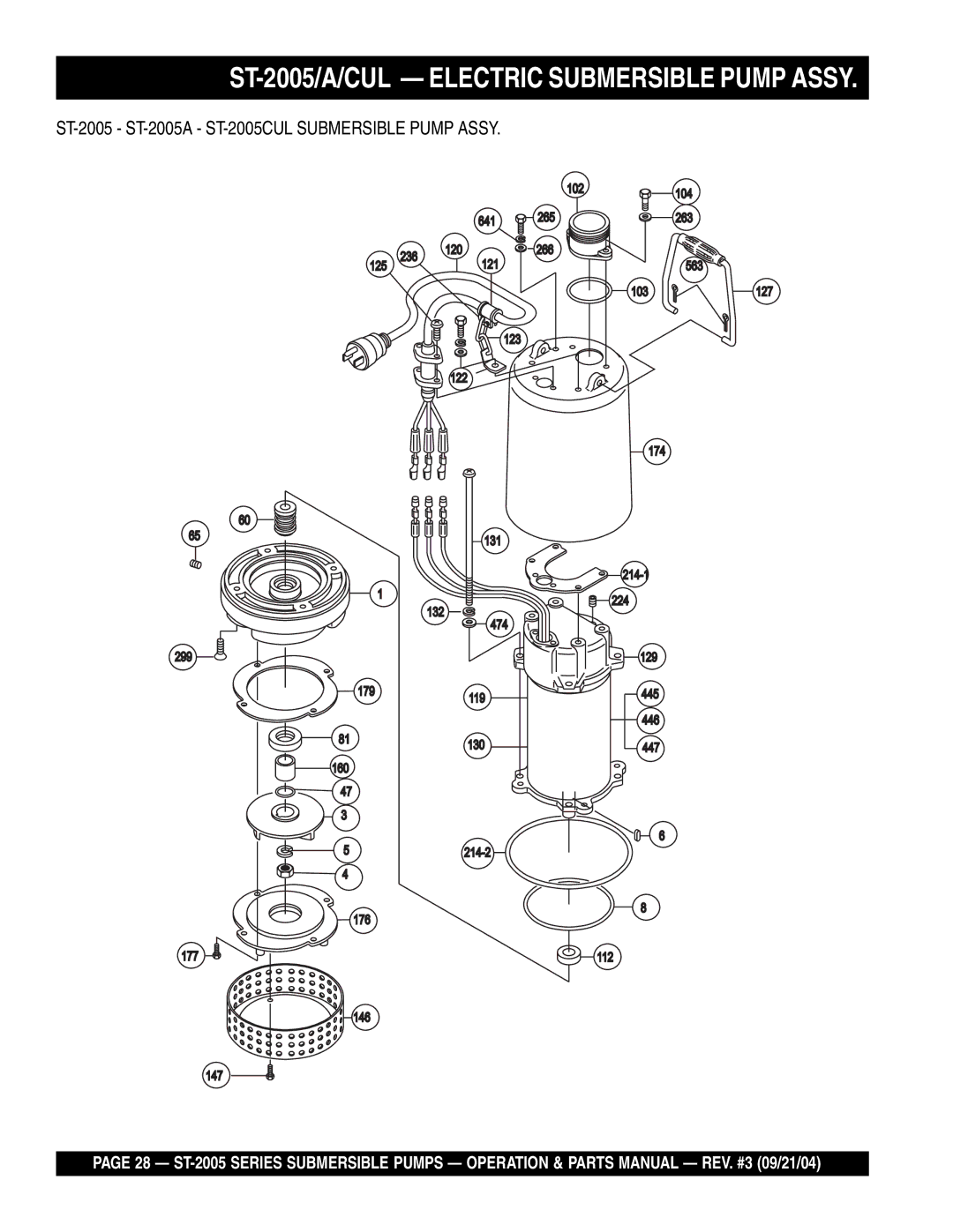 Multiquip manual ST-2005/A/CUL Electric Submersible Pump Assy, ST-2005 ST-2005A ST-2005CUL Submersible Pump Assy 