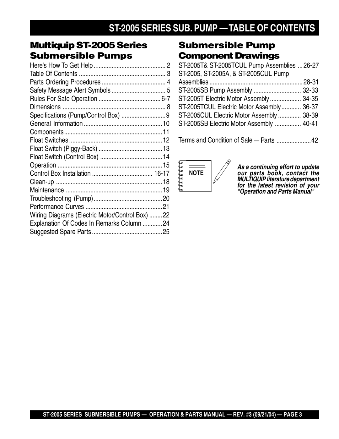 Multiquip manual ST-2005 Series SUB. Pump -TABLE of Contents 