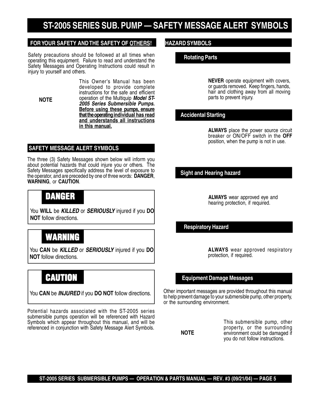 Multiquip manual ST-2005 Series SUB. Pump Safety Message Alert Symbols, For Your Safety and the Safety of Others 