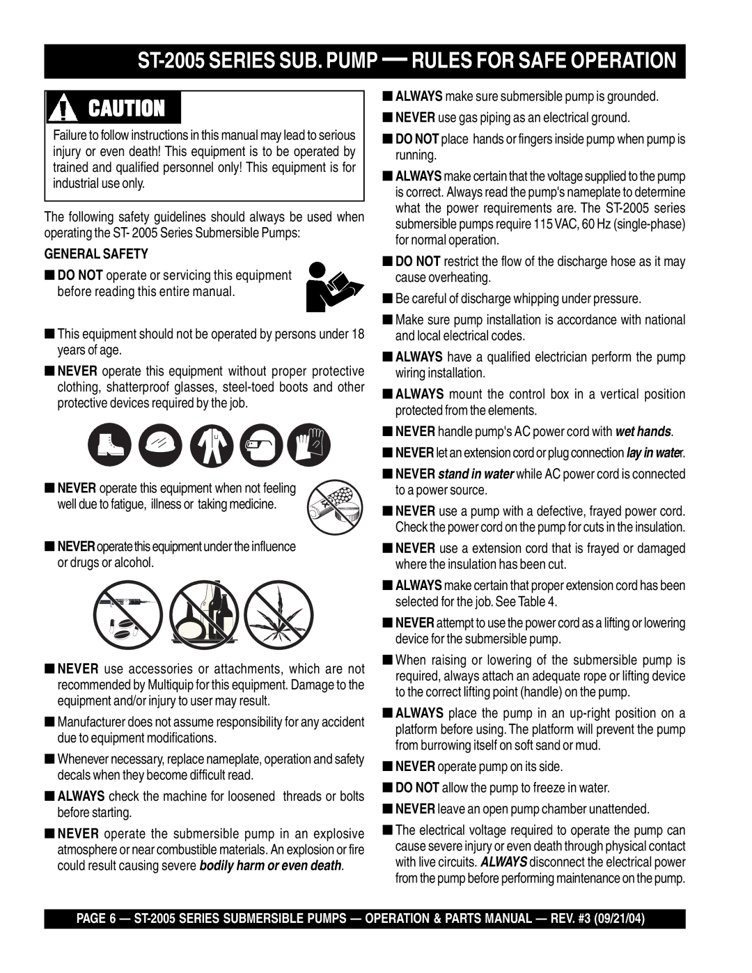 Multiquip manual ST-2005 Series SUB. Pump Rules for Safe Operation, General Safety 