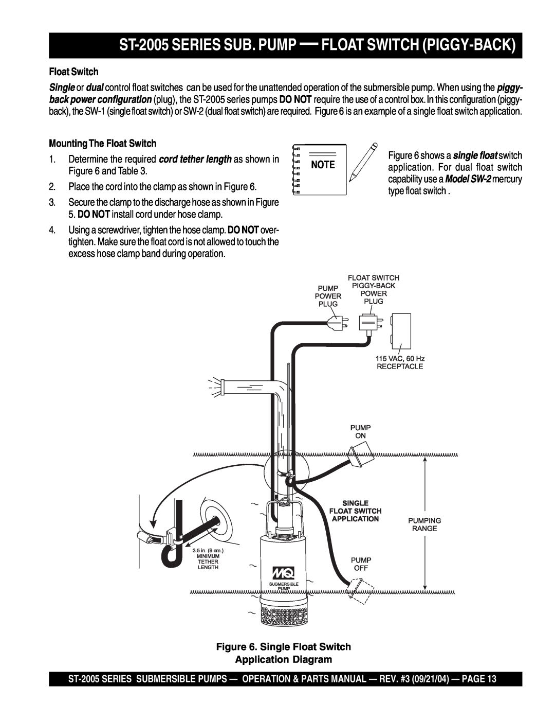 Multiquip manual ST-2005 SERIES SUB. PUMP - FLOAT SWITCH PIGGY-BACK, Mounting The Float Switch 