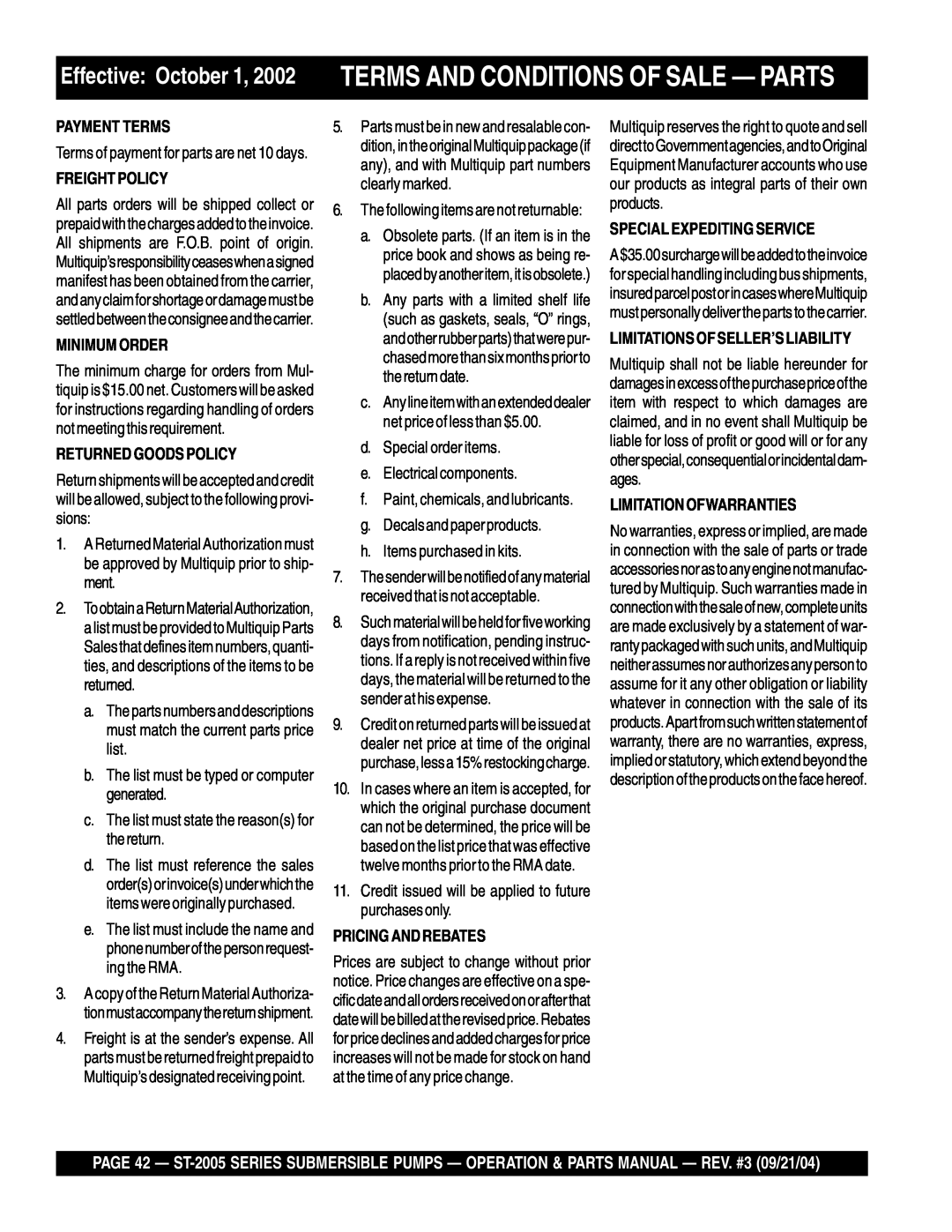 Multiquip ST-2005 manual Effective October 1, 2002 TERMS AND CONDITIONS OF SALE - PARTS, Payment Terms, Freightpolicy 
