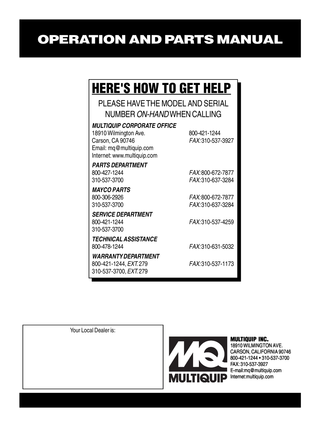 Multiquip ST-2005 Heres How To Get Help, Operation And Parts Manual, Parts Department, Mayco Parts, Service Department 
