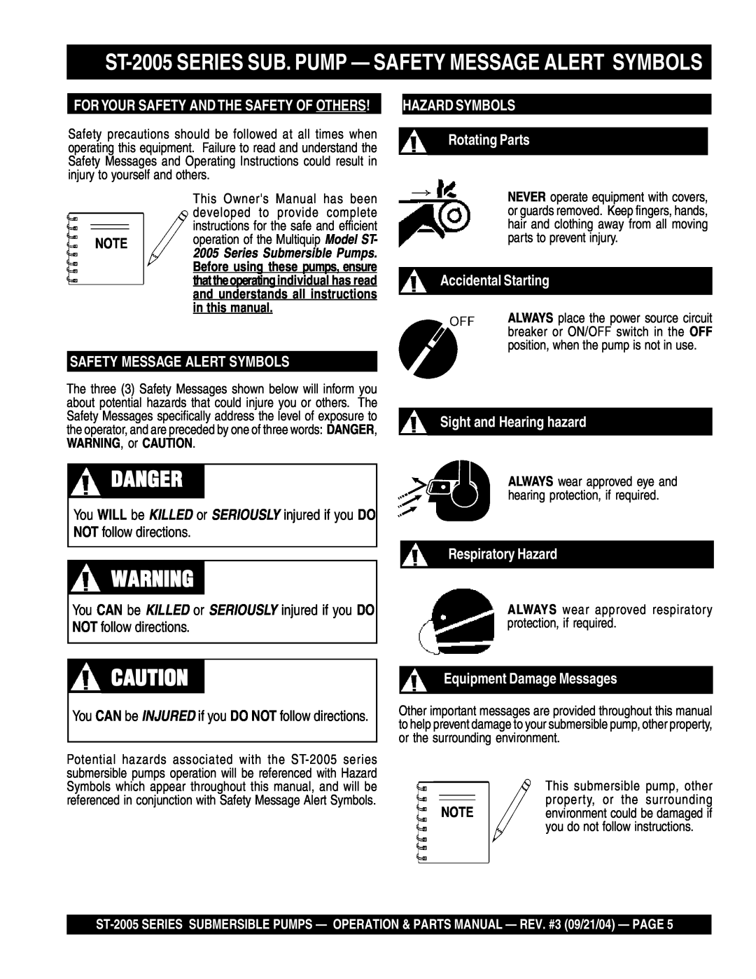 Multiquip manual Danger, ST-2005 SERIES SUB. PUMP - SAFETY MESSAGE ALERT SYMBOLS, Safety Message Alert Symbols 