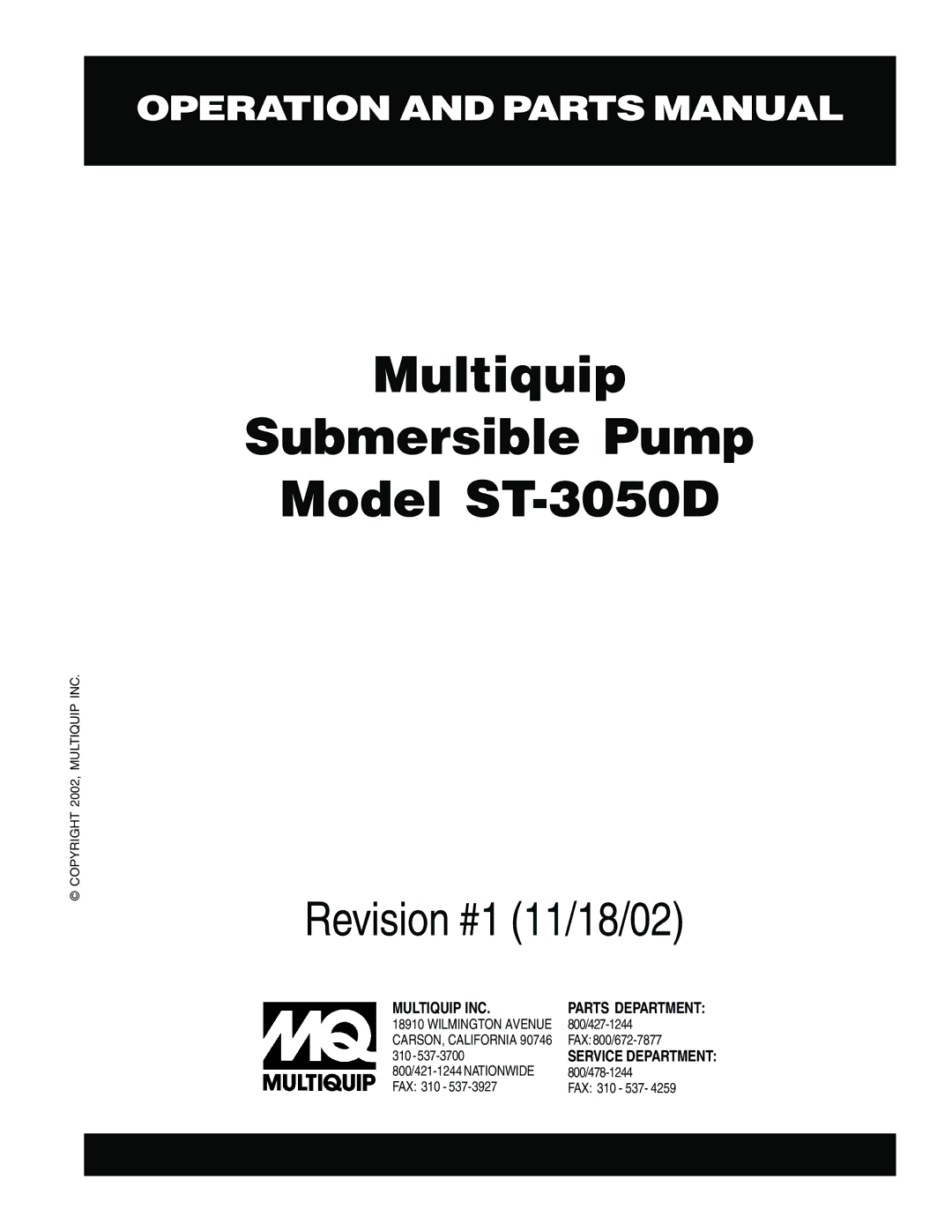 Multiquip manual Multiquip Submersible Pump Model ST-3050D 