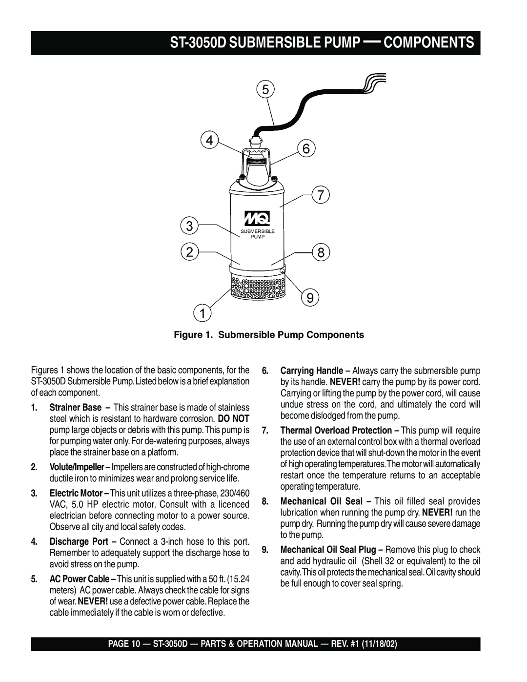 Multiquip manual ST-3050D Submersible Pump Components 