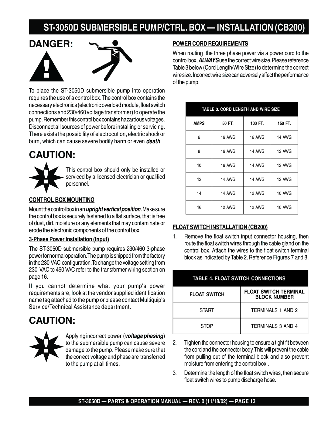 Multiquip ST-3050D Submersible PUMP/CTRL. BOX Installation CB200, Control BOX Mounting, Phase Power Installation Input 