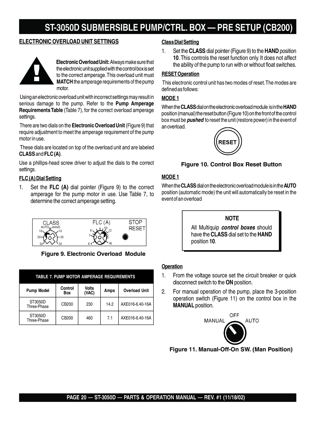 Multiquip manual ST-3050D Submersible PUMP/CTRL. BOX PRE Setup CB200, Electronic Overload Unit Settings 
