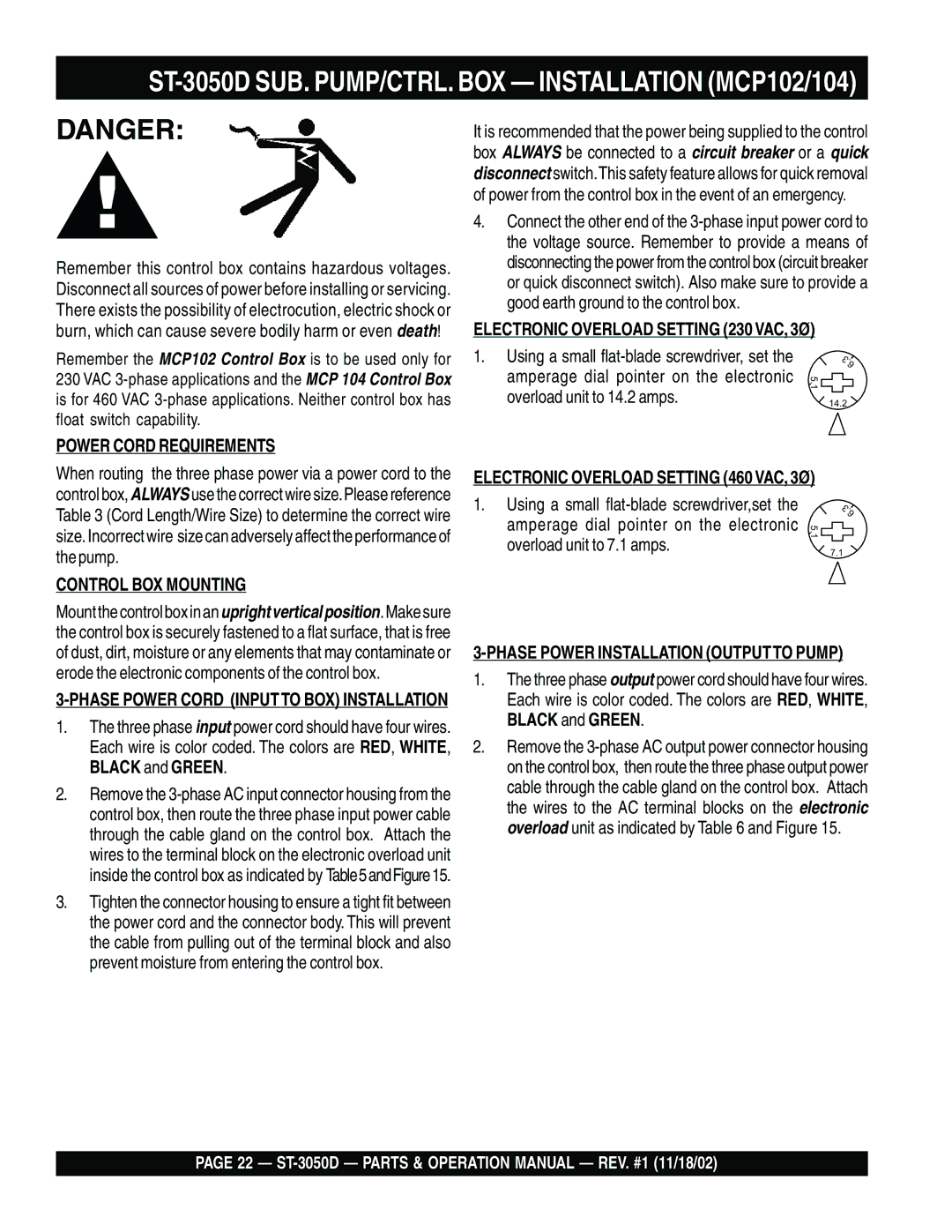 Multiquip manual ST-3050D SUB. PUMP/CTRL. BOX Installation MCP102/104, Electronic Overload Setting 230 VAC, 3Ø 