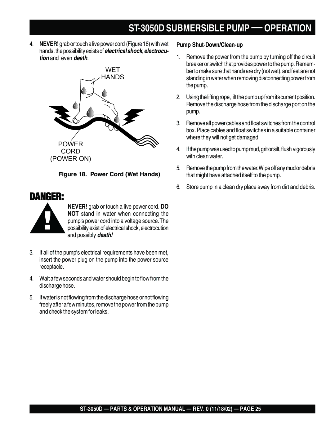 Multiquip manual ST-3050D Submersible Pump Operation, Pump Shut-Down/Clean-up 