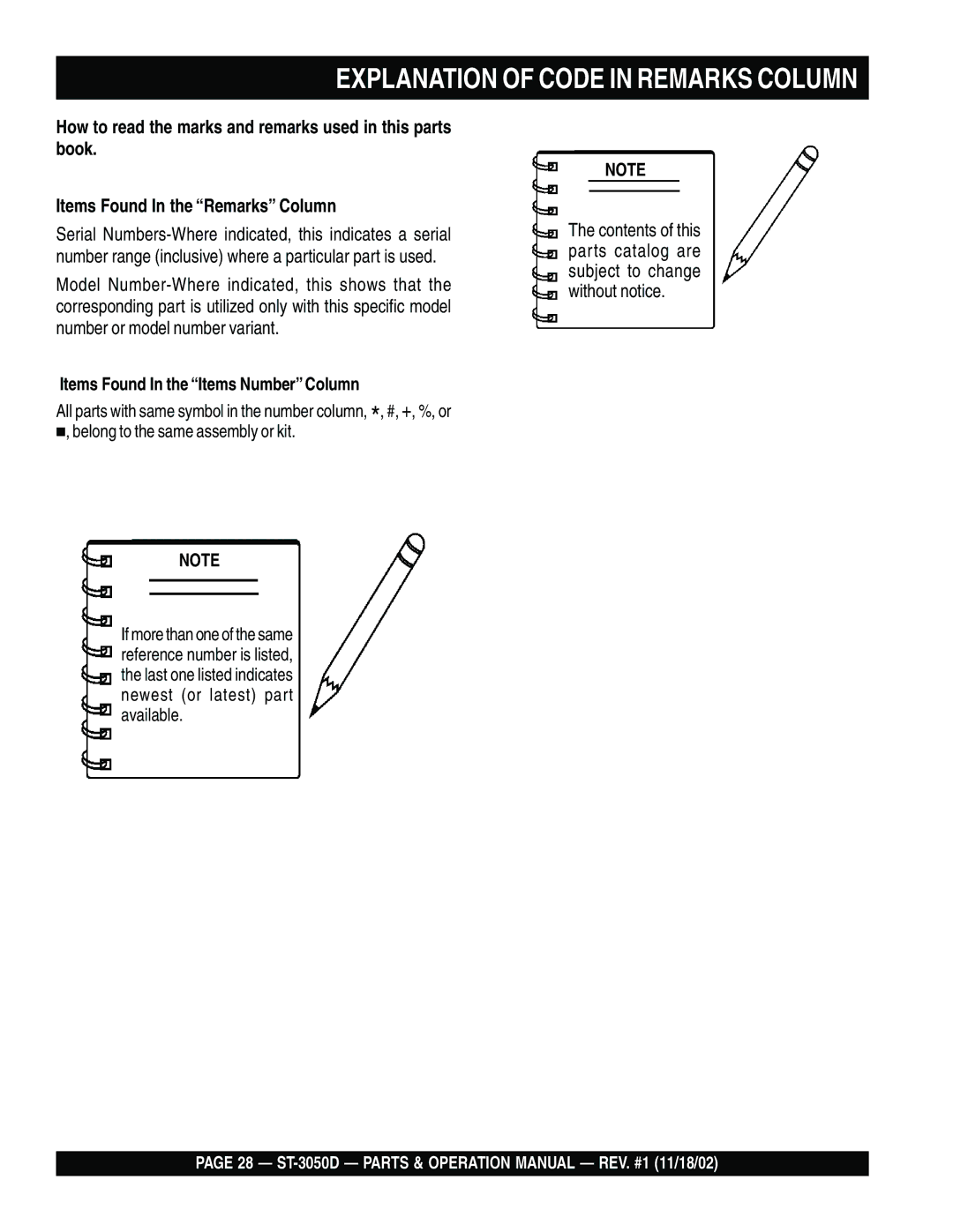 Multiquip ST-3050D manual Explanation of Code in Remarks Column, Items Found In the Items Number Column 