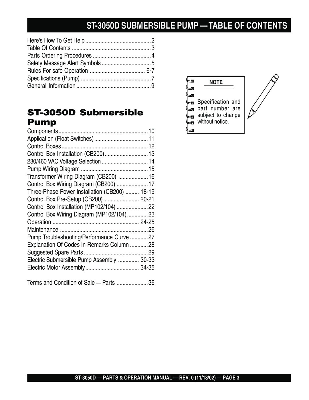 Multiquip manual ST-3050D Submersible Pump -TABLE of Contents 