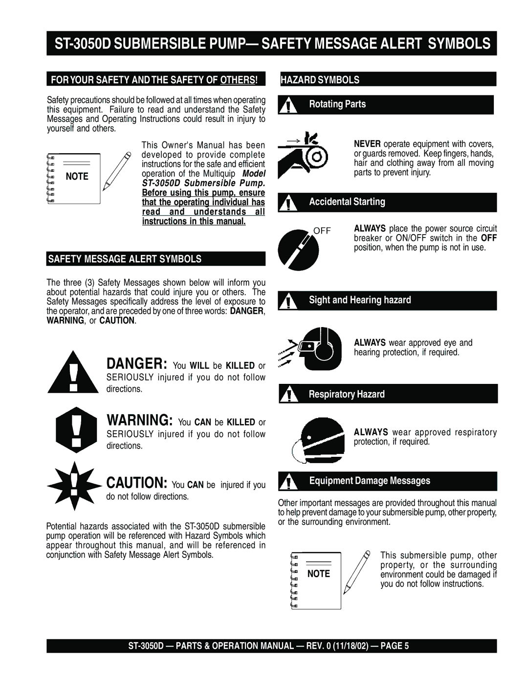 Multiquip manual ST-3050D Submersible PUMP- Safety Message Alert Symbols, Foryour Safety and the Safety of Others 