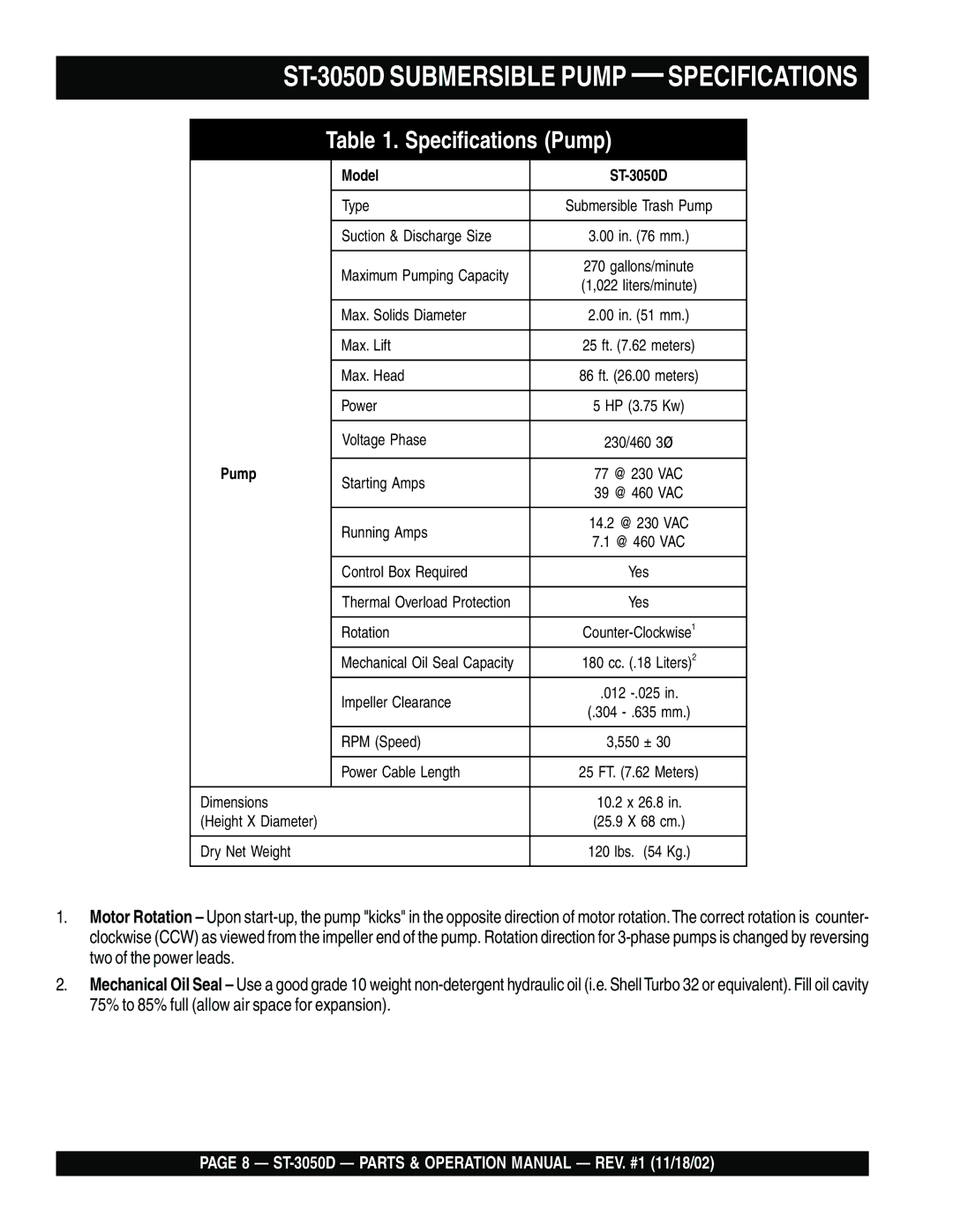 Multiquip manual ST-3050D Submersible Pump Specifications 