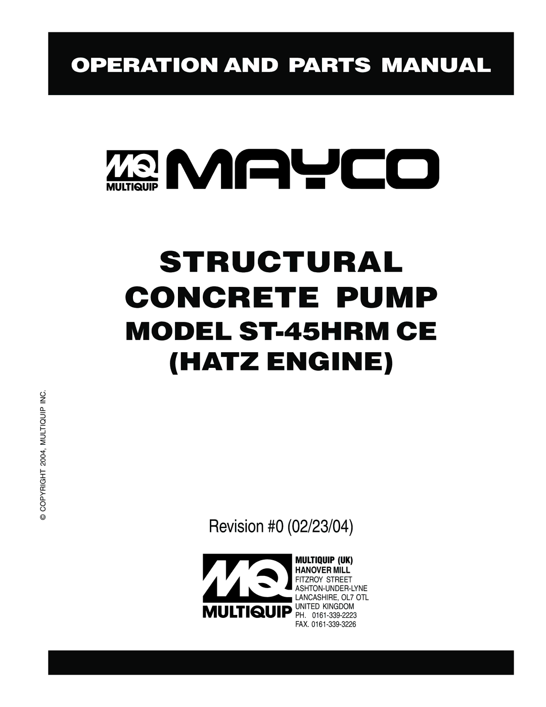 Multiquip ST-45HRM CE manual Structural Concrete Pump 