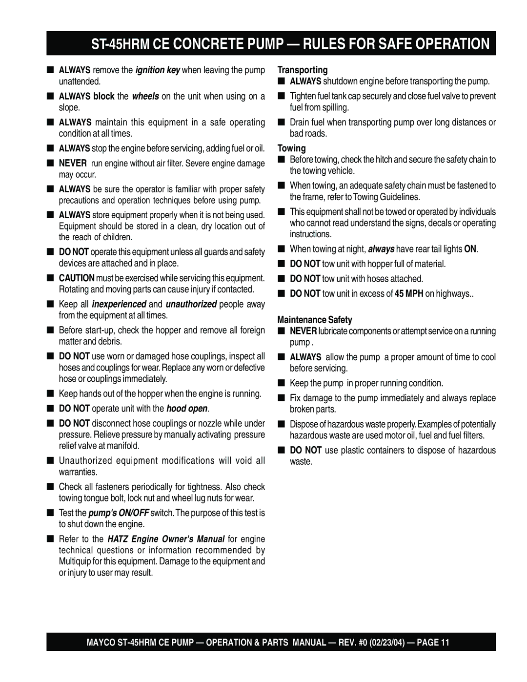 Multiquip manual ST-45HRM CE Concrete Pump Rules for Safe Operation, Transporting, Towing, Maintenance Safety 