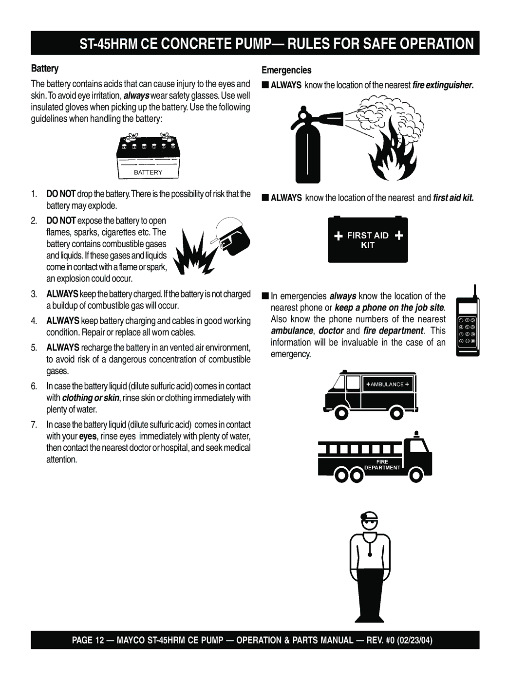 Multiquip ST-45HRM CE manual Battery, Emergencies 