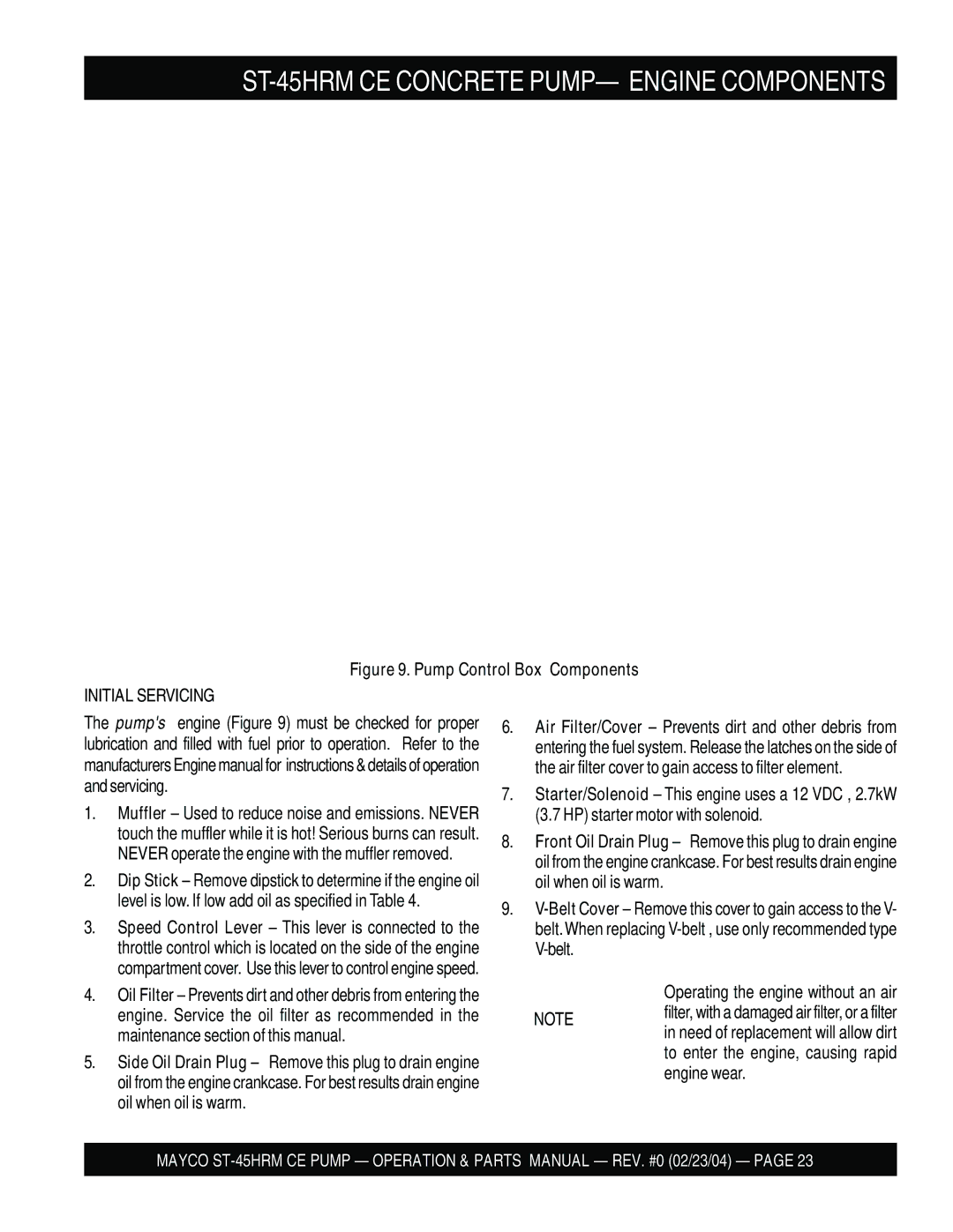 Multiquip manual ST-45HRM CE Concrete PUMP- Engine Components, Initial Servicing 