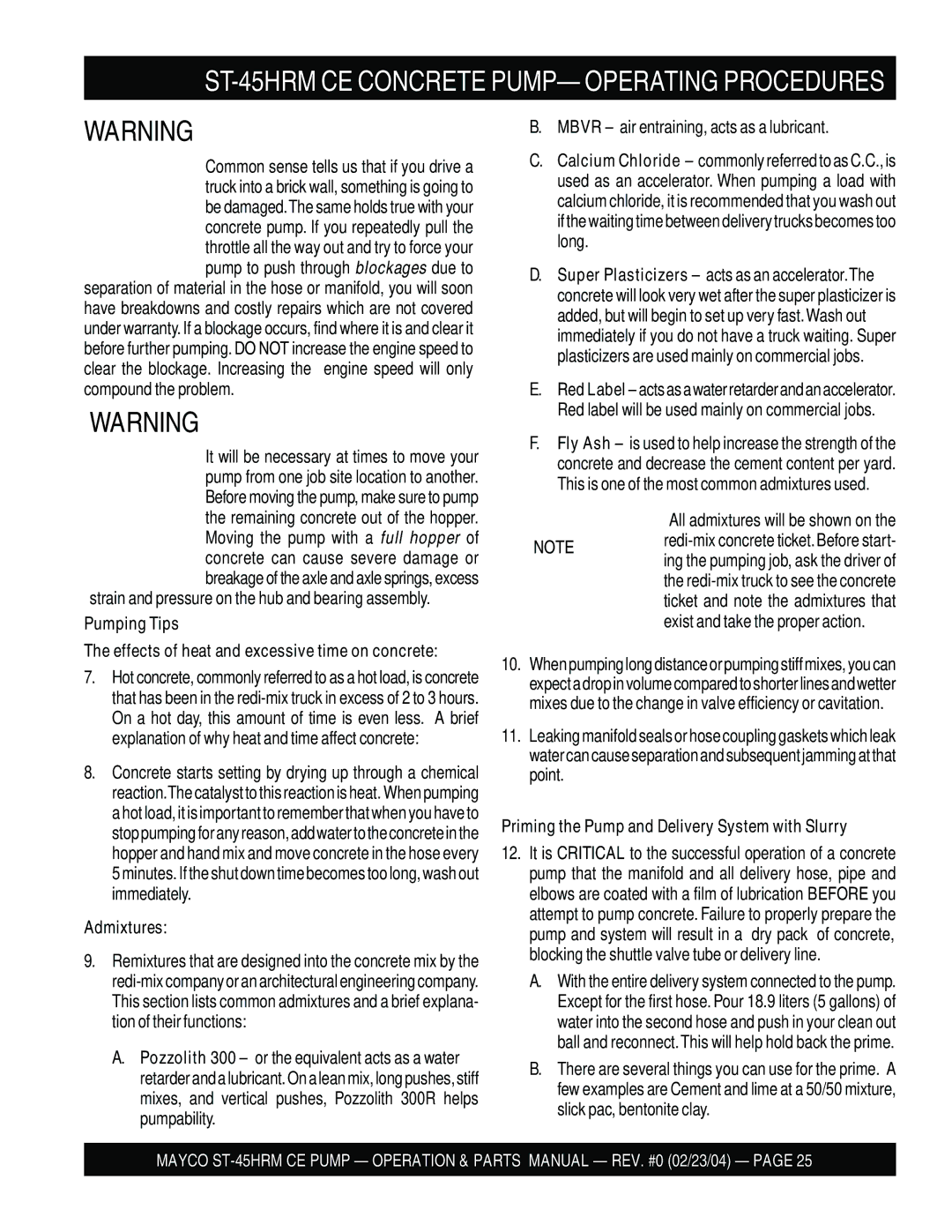 Multiquip ST-45HRM CE manual Pumping Tips, Admixtures, Priming the Pump and Delivery System with Slurry 