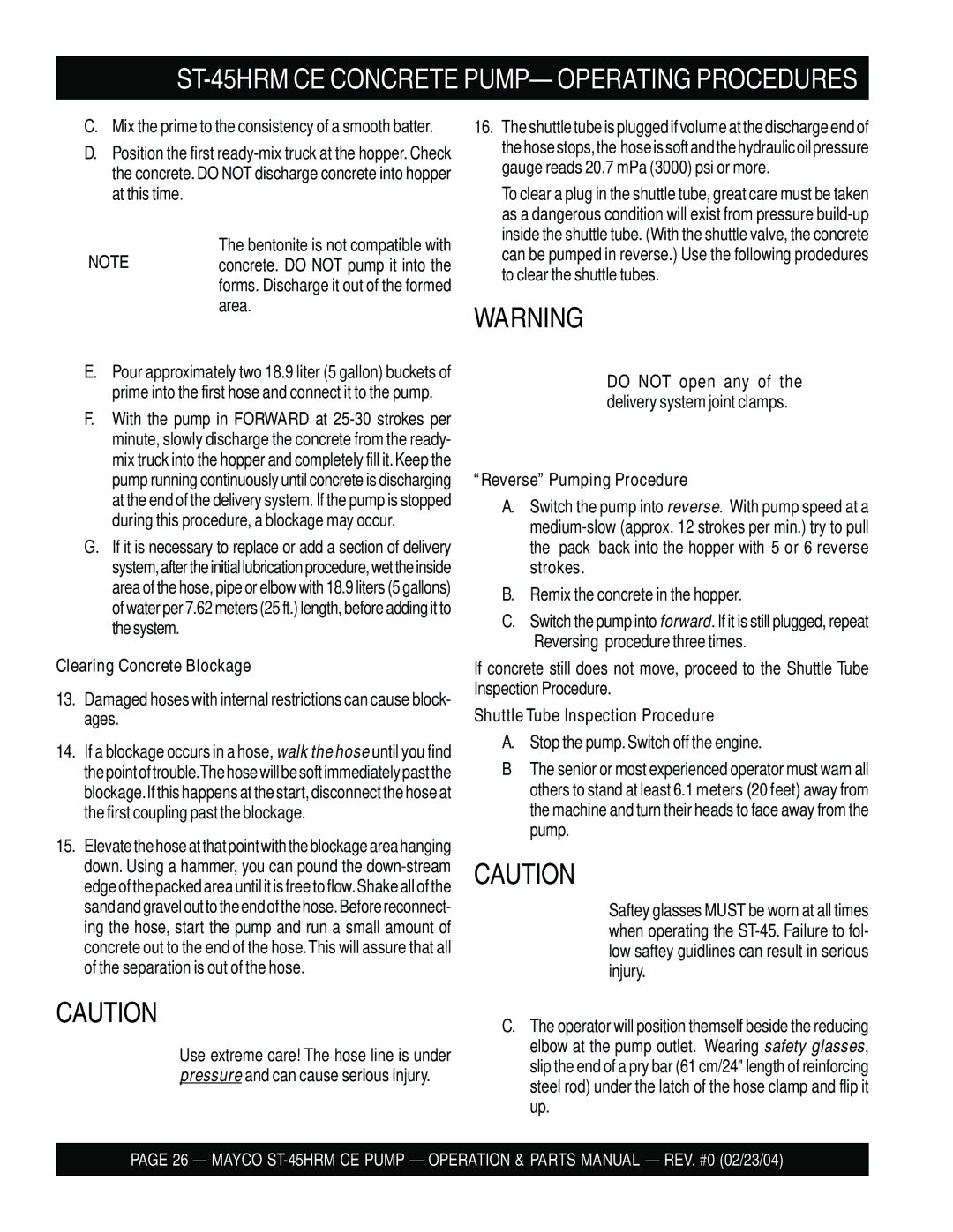 Multiquip ST-45HRM CE manual Clearing Concrete Blockage, Reverse Pumping Procedure, Shuttle Tube Inspection Procedure 