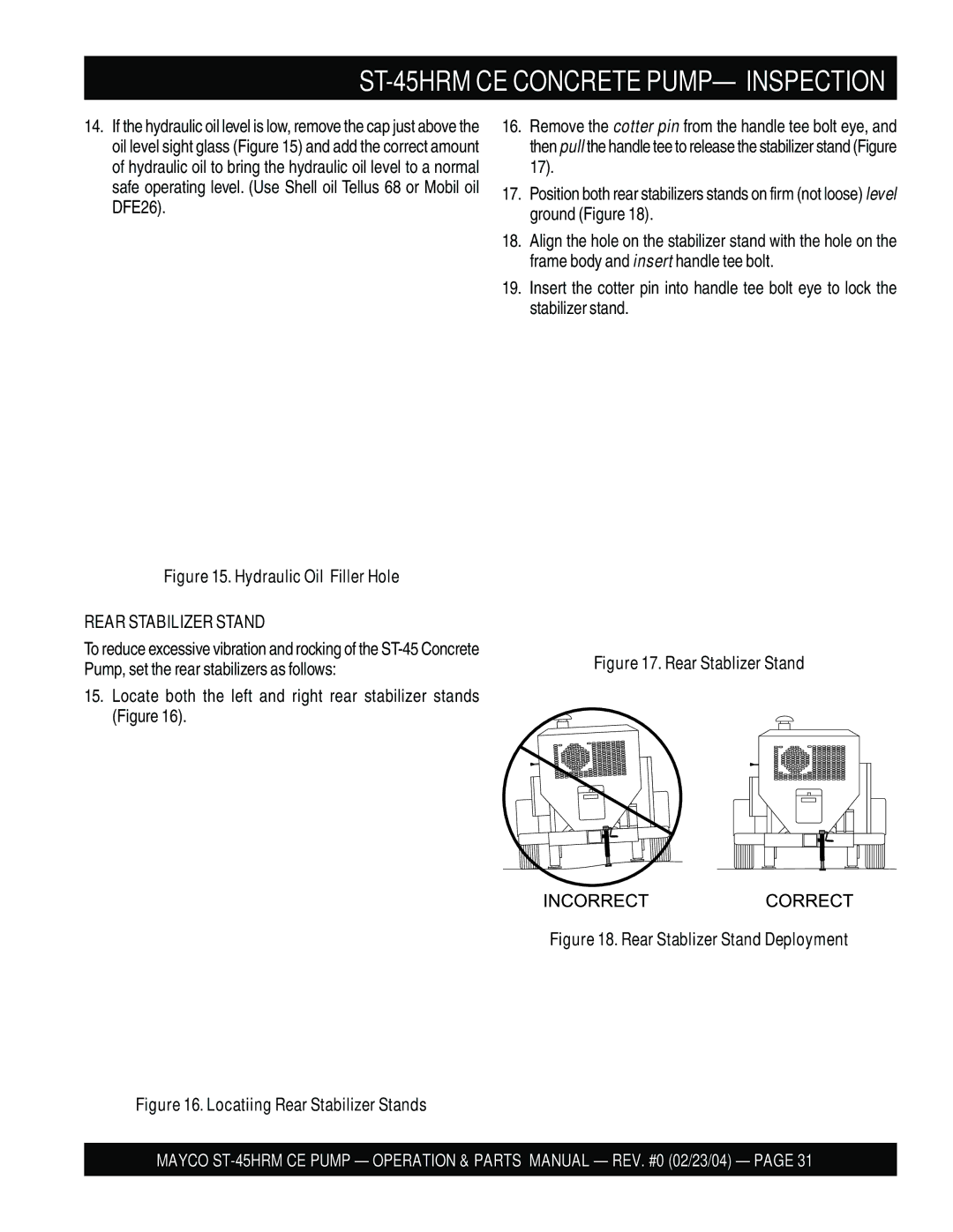 Multiquip ST-45HRM CE manual Rear Stabilizer Stand, Pump, set the rear stabilizers as follows 